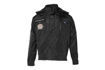 Black tactical jacket with zip-off hood and IPA logos