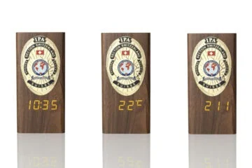 “Ambassador” Wooden Pen Holder with Metal Badge and Multifunction Clock IPA Switzerland