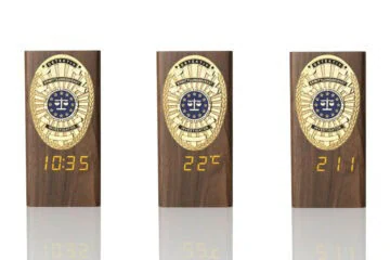“Ambassador” Wooden Pen Holder with Metal Badge and Multifunction Clock , investigator EU, engraving
