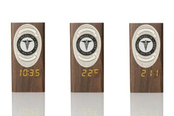 “Ambassador” Wooden Pen Holder with Metal Badge and Multifunction Clock Doctor