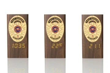 “Ambassador” Wooden Pen Holder with Metal Badge and Multifunction Clock Railway police Switzerland