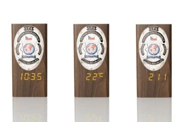 “Ambassador” Wooden Pen Holder with Metal Badge and Multifunction Clock IPA Czech Republic