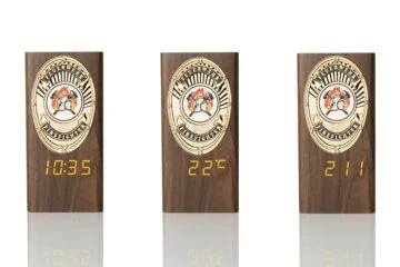 “Ambassador” Wooden Pen Holder with Metal Badge and Multifunction Clock Fire Brigade