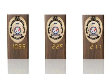“Ambassador” Wooden Pen Holder with Metal Badge and Multifunction Clock IPA Finland