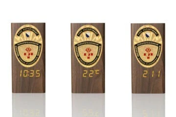 “Ambassador” Wooden Pen Holder with Metal Badge and Multifunction Clock Fire Brigade Zurich Aiport