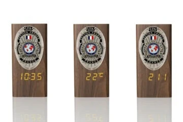 “Ambassador” Wooden Pen Holder with Metal Badge and Multifunction Clock IPA France