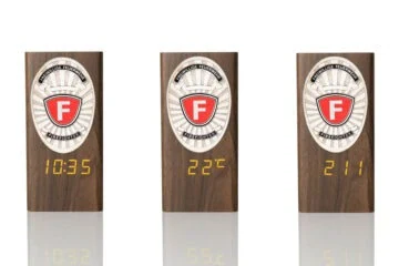 “Ambassador” Wooden Pen Holder with Metal Badge and Multifunction Clock Volunteer Fire Brigade, engraving