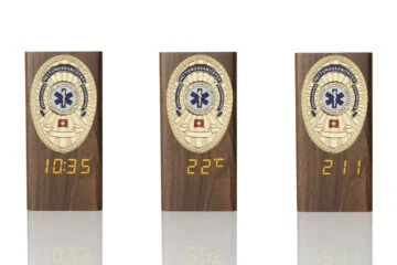 “Ambassador” Wooden Pen Holder with Metal Badge and Multifunction Clock Paramedic Switzerland, engraving