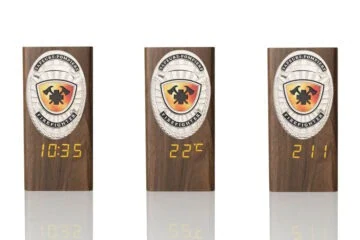 “Ambassador” Wooden Pen Holder with Metal Badge and Multifunction Clock Firefighter, engraving