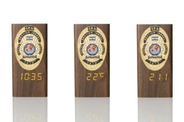 “Ambassador” Wooden Pen Holder with Metal Badge and Multifunction Clock IPA Israel