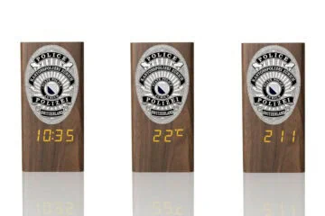 “Ambassador” Wooden Pen Holder with Metal Badge and Multifunction Clock Canton police Zurich