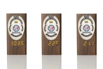 “Ambassador” Wooden Pen Holder with Metal Badge and Multifunction Clock IPA Lithuania