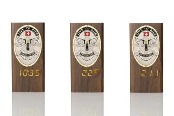 “Ambassador” Wooden Pen Holder with Metal Badge and Multifunction Clock Swiss Biker