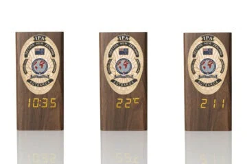 “Ambassador” Wooden Pen Holder with Metal Badge and Multifunction Clock IPA New Zealand