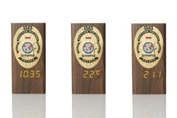 “Ambassador” Wooden Pen Holder with Metal Badge and Multifunction Clock IPA Poland