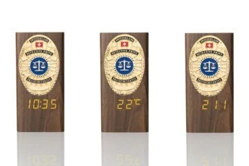 “Ambassador” Wooden Pen Holder with Metal Badge and Multifunction Clock, private investigator Switzerland, engraving