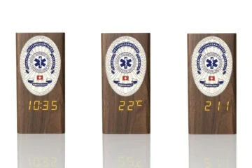 “Ambassador” Wooden Pen Holder with Metal Badge and Multifunction Clock Paramedic Switzerland