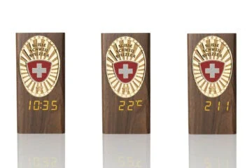 “Ambassador” Wooden Pen Holder with Metal Badge and Multifunction Clock Switzerland Fan Badge