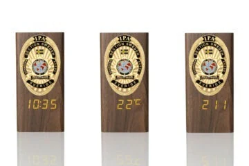 “Ambassador” Wooden Pen Holder with Metal Badge and Multifunction Clock IPA Sweden