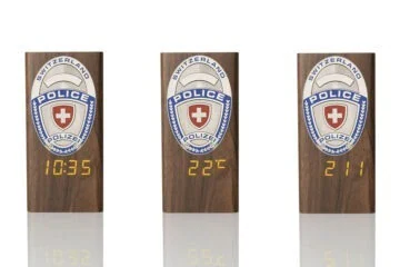 “Ambassador” Wooden Pen Holder with Metal Badge and Multifunction Clock POLICE Switzerland