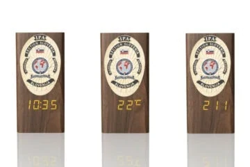 “Ambassador” Wooden Pen Holder with Metal Badge and Multifunction Clock IPA Slovenia