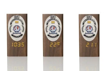“Ambassador” Wooden Pen Holder with Metal Badge and Multifunction Clock IPA Spain