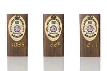 “Ambassador” Wooden Pen Holder with Metal Badge and Multifunction Clock IPA South Africa