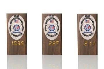 “Ambassador” Wooden Pen Holder with Metal Badge and Multifunction Clock IPA USA