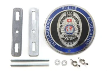 Radiator grill emblem in gloss silver with lettering outside INTERNATIONAL POLICE ASSOCIATION and IPA Badge