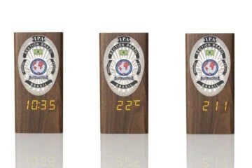 “Ambassador” Wooden Pen Holder with Metal Badge and Multifunction Clock IPA Brazil